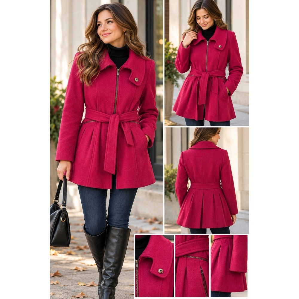 Y2K Say What? Size XL Wool Blend Raspberry Pink Pleated Belted Coat Academia